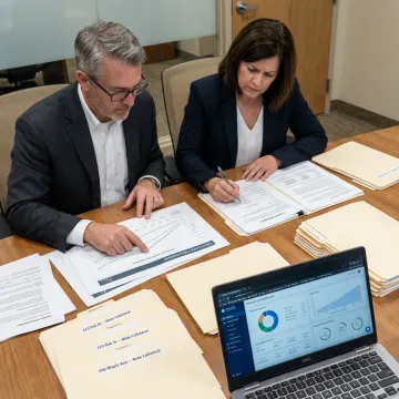 Fund managers reviewing investment portfolio documents