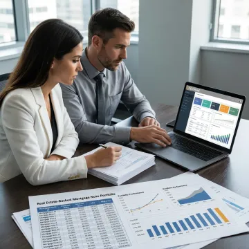 Investment fund managers reviewing mortgage note portfolio
