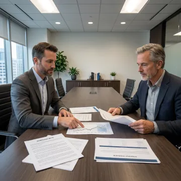 Fund manager reviewing investment documents with an investor