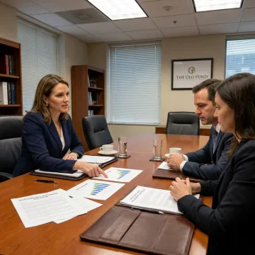 Fund manager reviewing investment process with investors