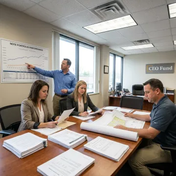 Real estate investment team reviewing mortgage fund portfolio