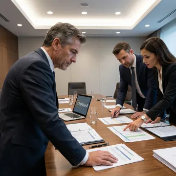 Fund manager reviewing investment documents with accredited investors