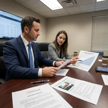 Fund manager reviewing investment documents with accredited investor