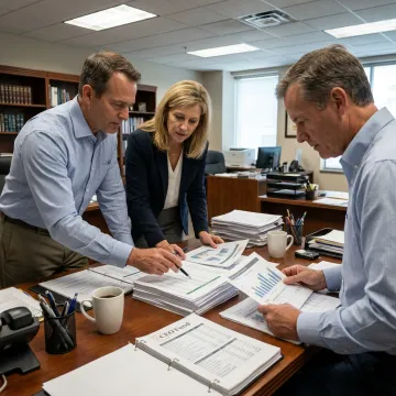 Fund managers reviewing real estate-backed investment portfolio