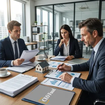 Fund managers reviewing real estate-backed investment portfolio