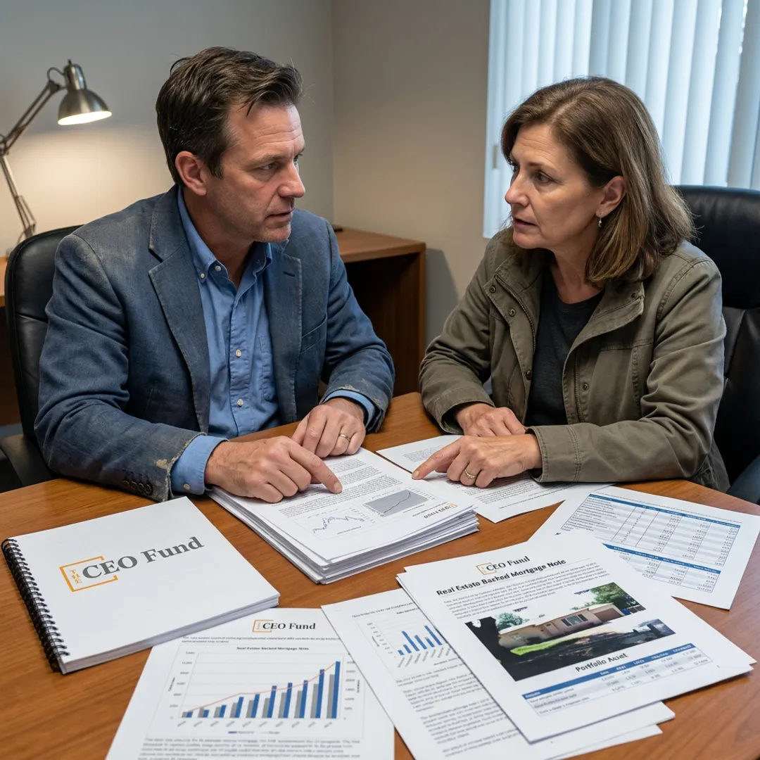 Fund manager reviewing investment documents with an accredited investor