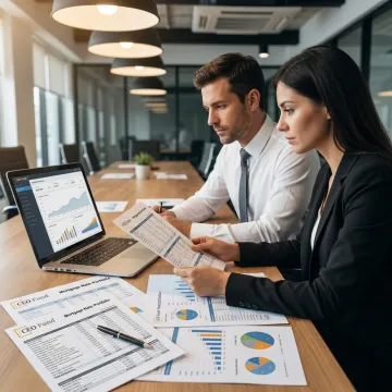 Wealth fund advisors reviewing investment portfolio documents