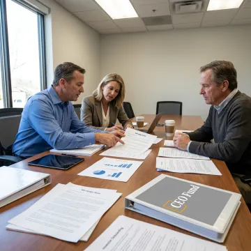 Fund managers reviewing real estate investment documents