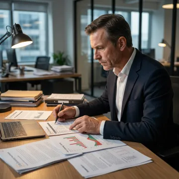 Fund manager reviewing investment risk planning documents