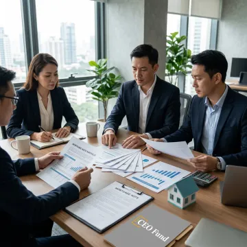 Fund managers reviewing real estate investment documents