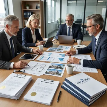 Investment team analyzing real estate-backed asset strategy