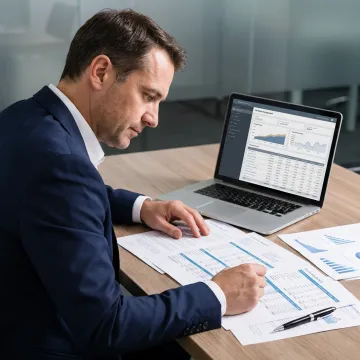 Fund manager reviewing investor documents and portfolio reports