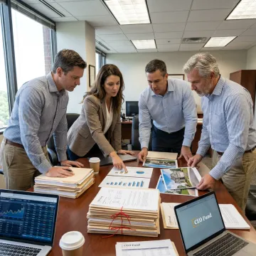 Fund managers reviewing mortgage investment portfolio