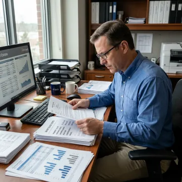 Fund manager reviewing commercial real estate investment documents