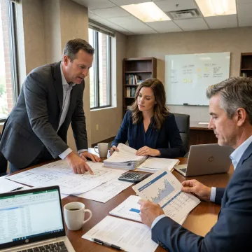 Real estate investment team reviewing development plans