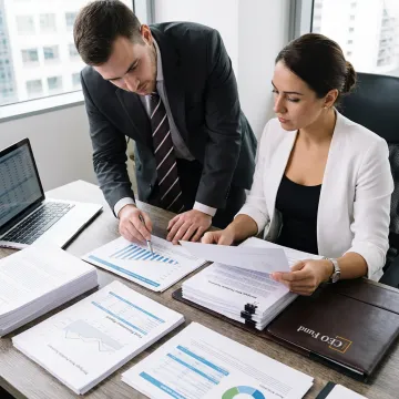 Investor reviewing financial documents with fund advisor