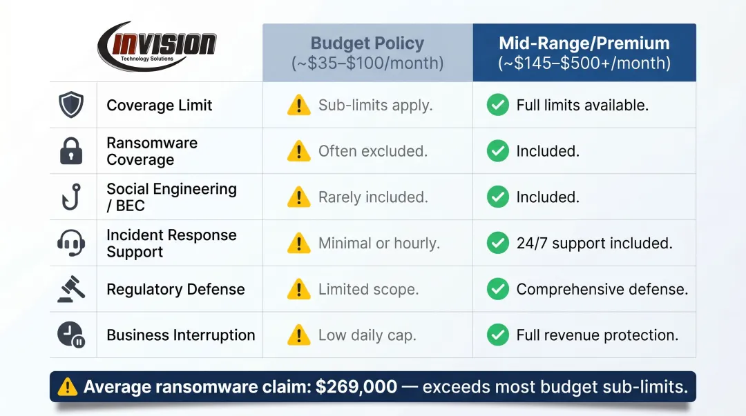 Budget versus mid-range cyber insurance policy feature comparison side-by-side chart