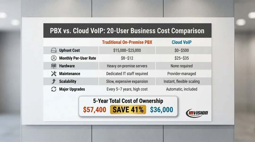 Traditional PBX versus cloud VoIP five-year total cost of ownership comparison