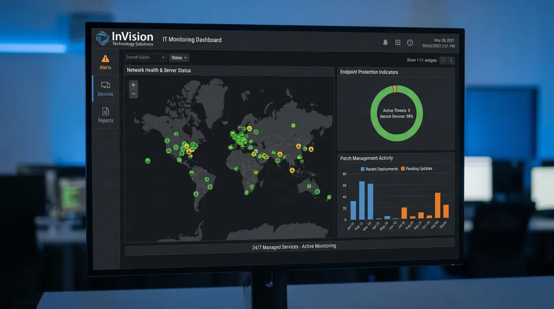 InVision Technology Solutions managed IT monitoring dashboard displaying network and endpoint status