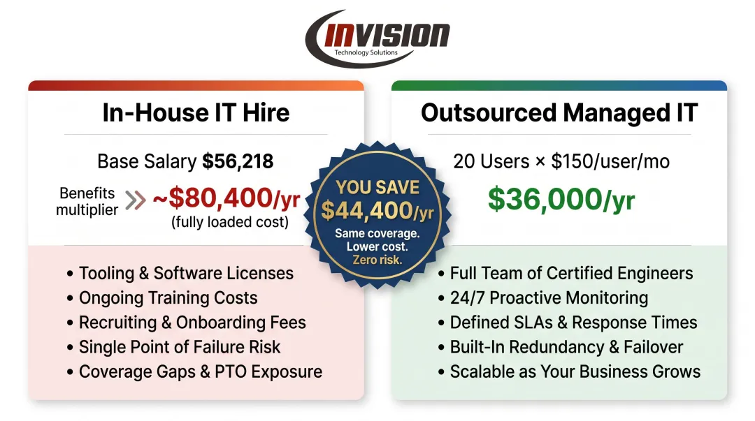 In-house IT hire versus outsourced managed services annual cost comparison infographic