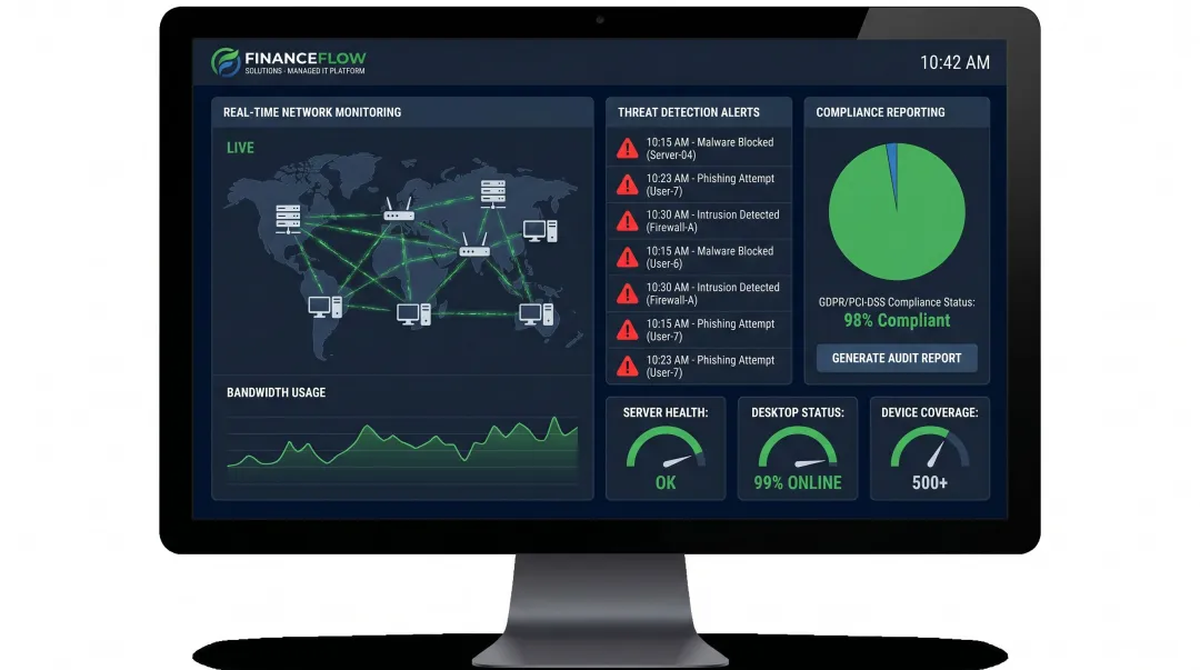 Managed IT services dashboard showing 24/7 network monitoring and compliance reporting tools