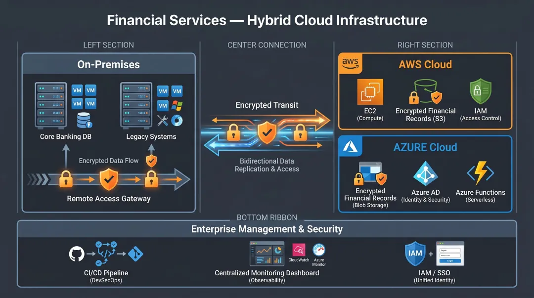 Hybrid cloud infrastructure diagram showing financial data storage and secure access