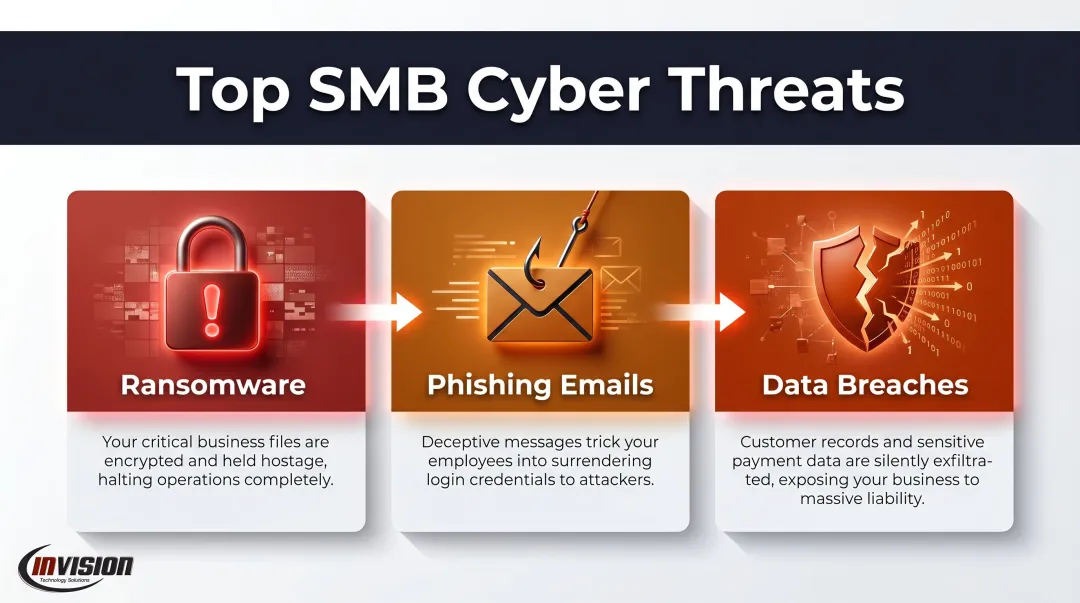 Three most common cyberattack types targeting small businesses infographic