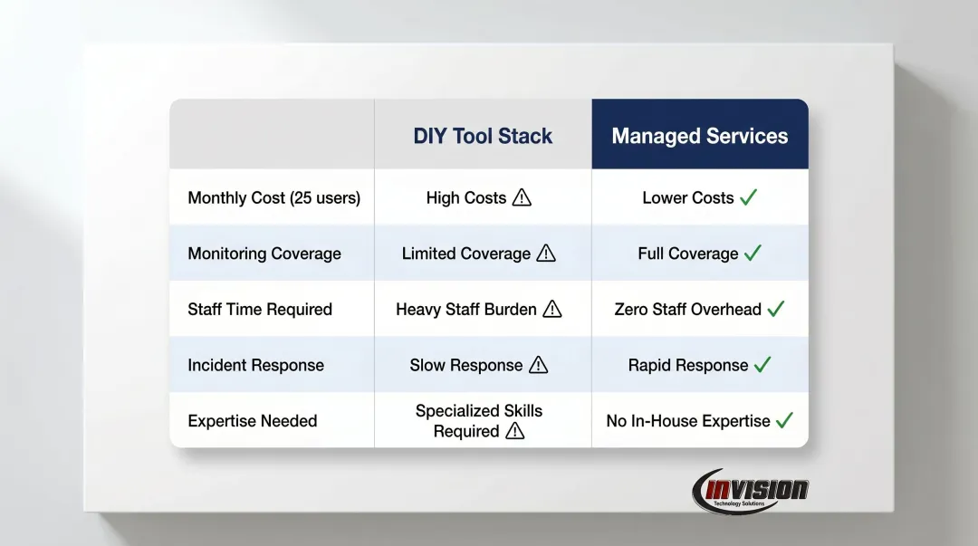 DIY tool stack versus managed security services side-by-side cost comparison chart