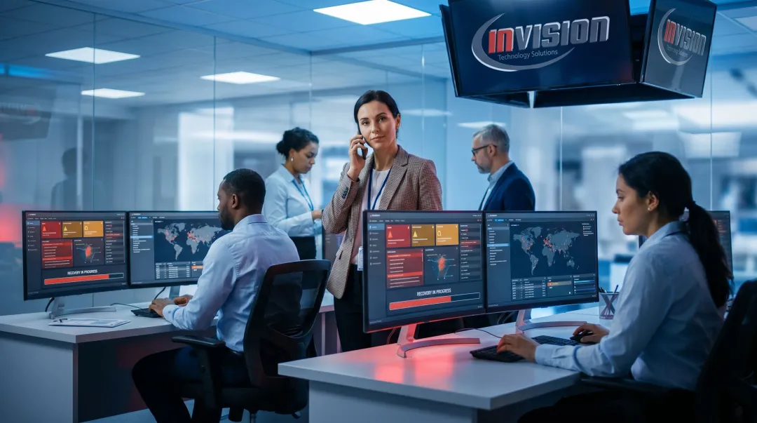 Healthcare IT team executing disaster recovery and business continuity protocols during cyberattack
