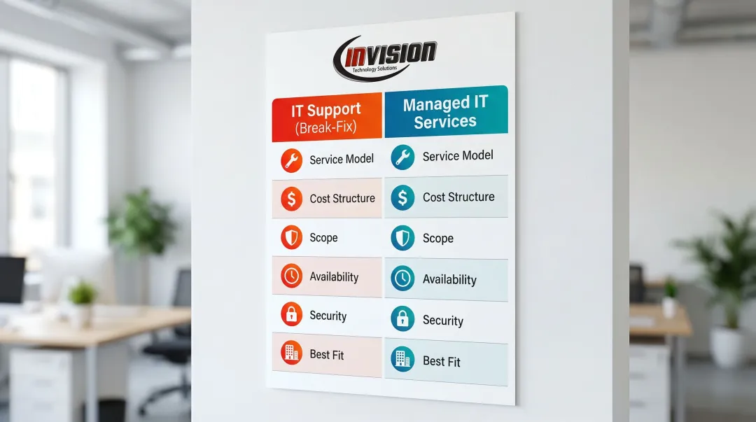 IT support break-fix versus managed IT services side-by-side comparison infographic