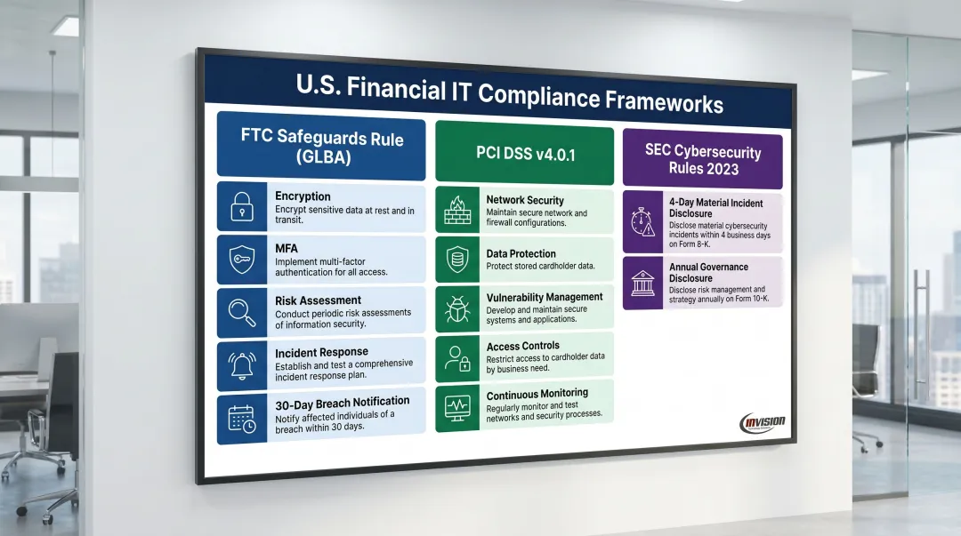 Three financial compliance frameworks GLBA PCI DSS SEC requirements comparison chart