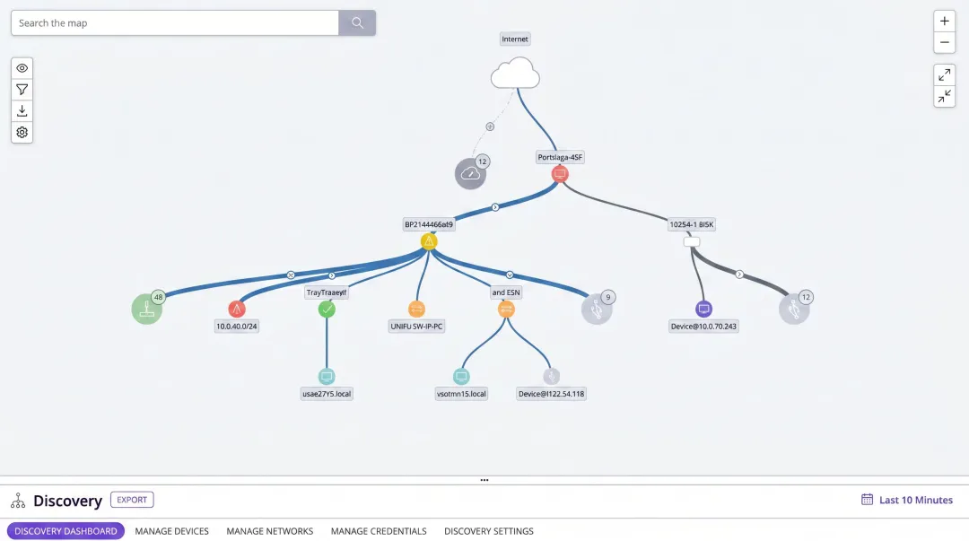 Cloud-based network topology map displaying real-time device discovery and connections