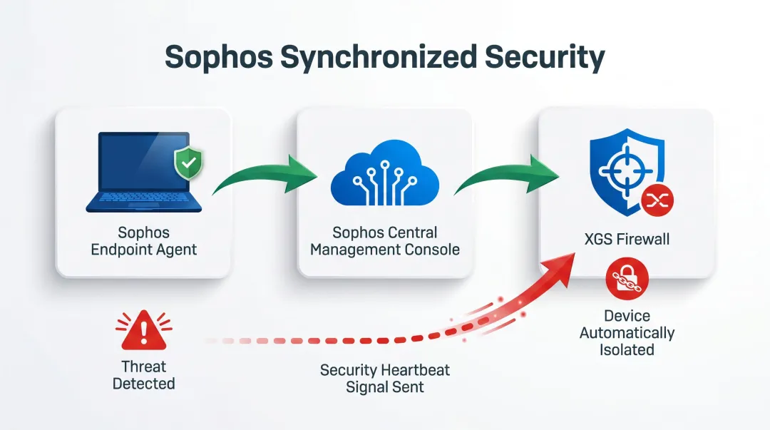 Sophos Synchronized Security architecture showing firewall and endpoint automatic threat isolation