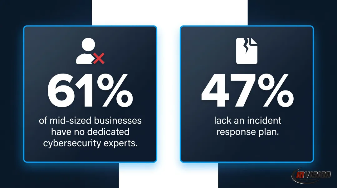 Mid-size business cybersecurity gap statistics showing lack of dedicated security staff