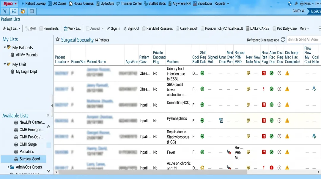 Epic EHR enterprise platform dashboard displaying clinical documentation and patient records