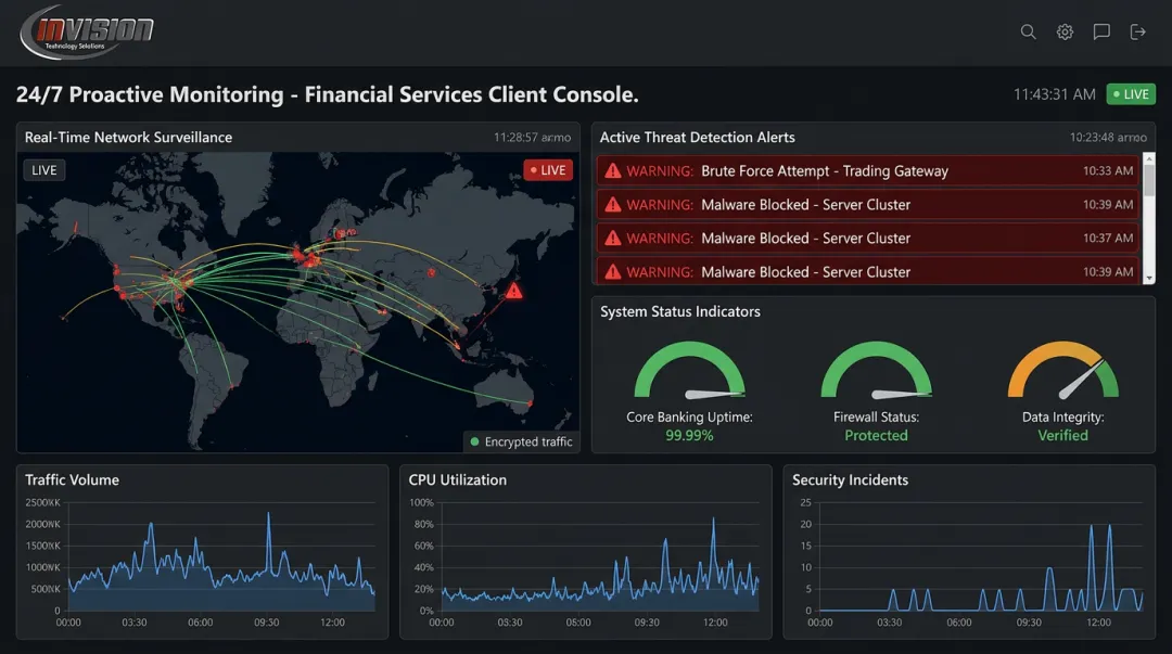 Managed IT provider monitoring dashboard displaying real-time network threat detection alerts