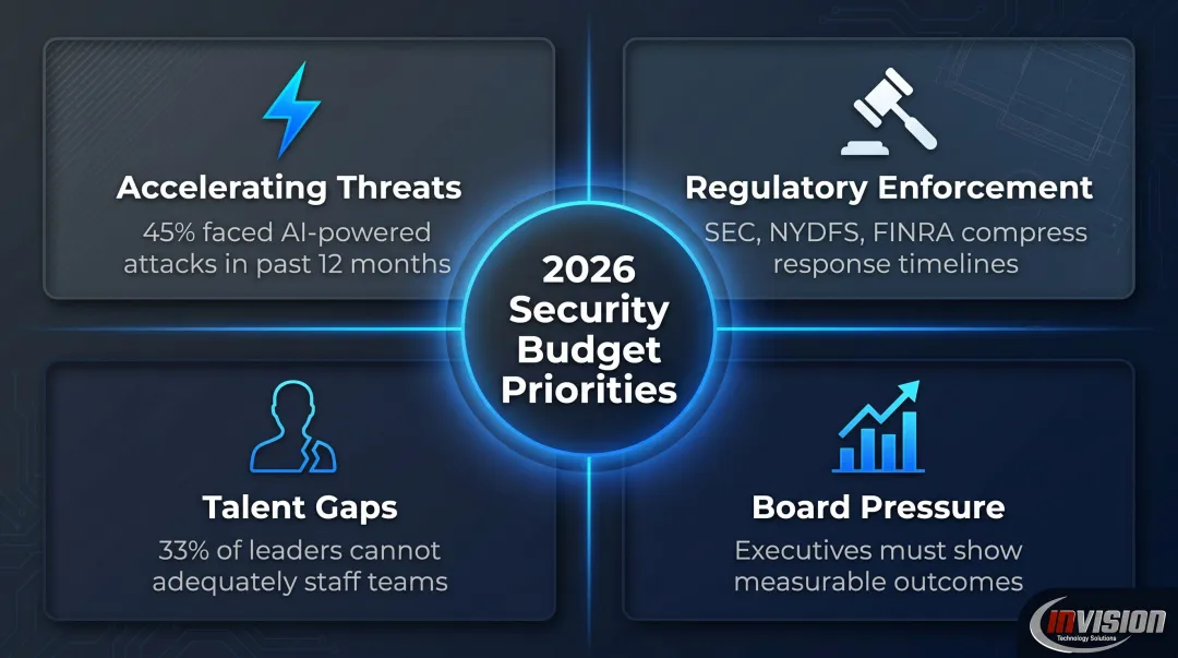Four forces reshaping financial services cybersecurity budget decisions in 2026 infographic