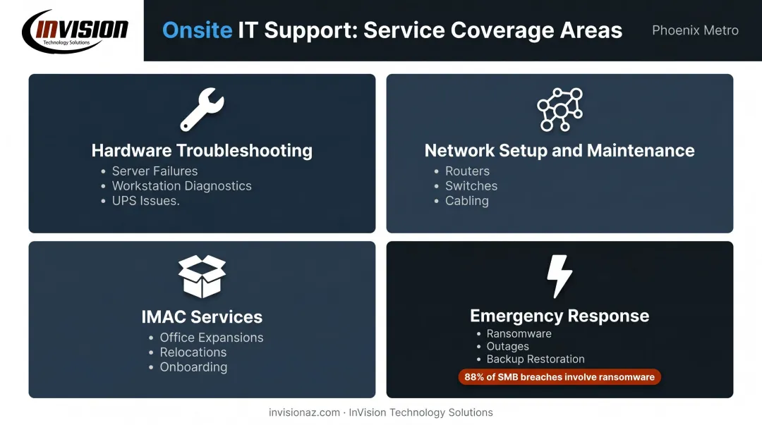 Four categories of onsite IT support coverage hardware network IMAC and emergency response