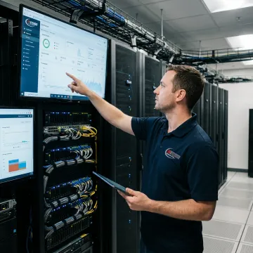 Technician managing healthcare data center systems