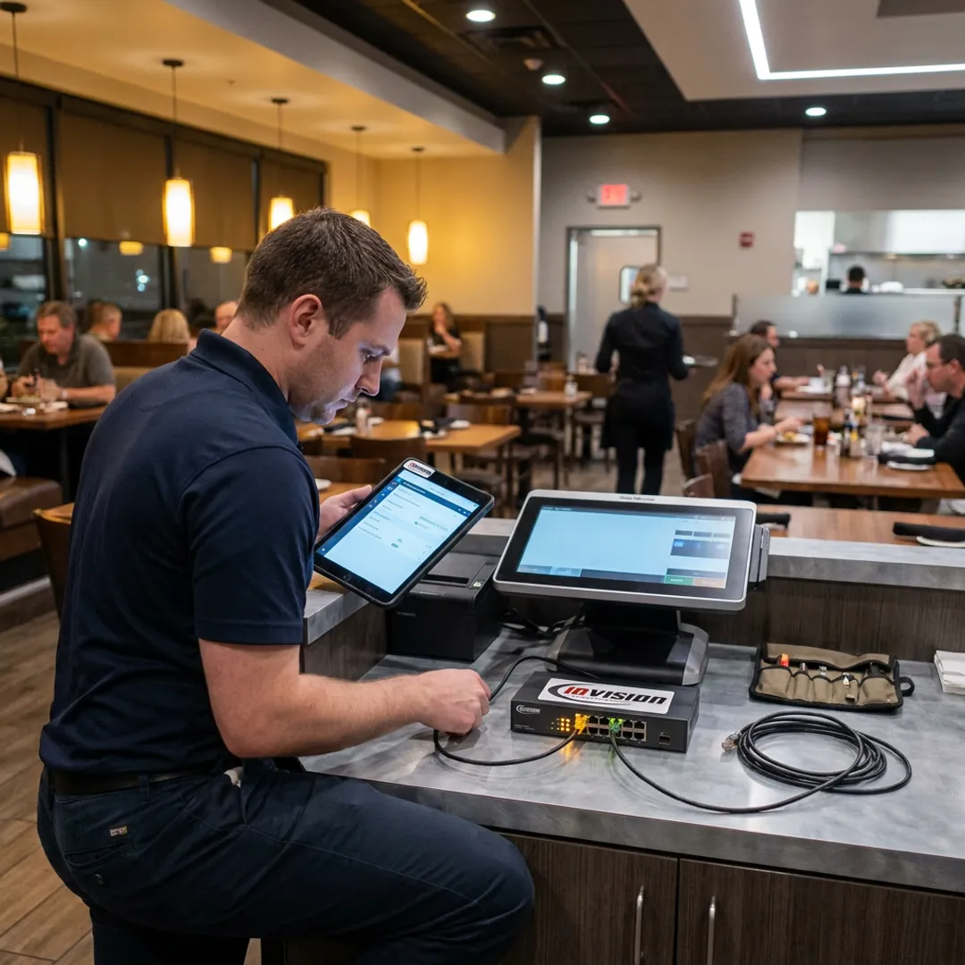Technician supporting restaurant technology systems