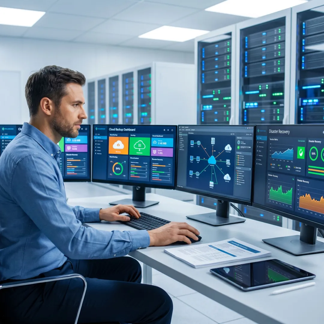 Technician managing business continuity and backup systems