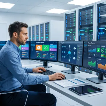 Technician managing business continuity and backup systems