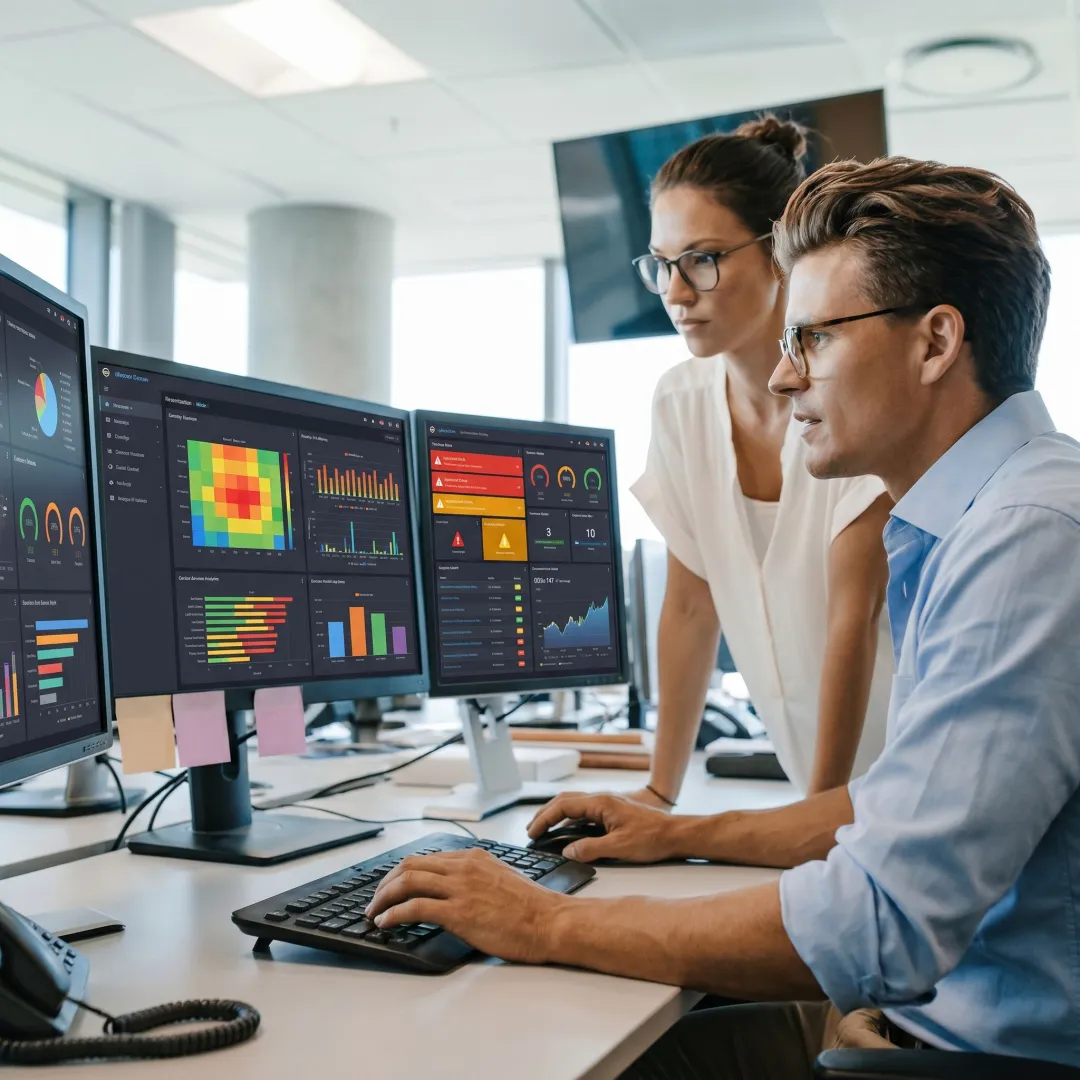Technician reviewing managed IT systems for a business