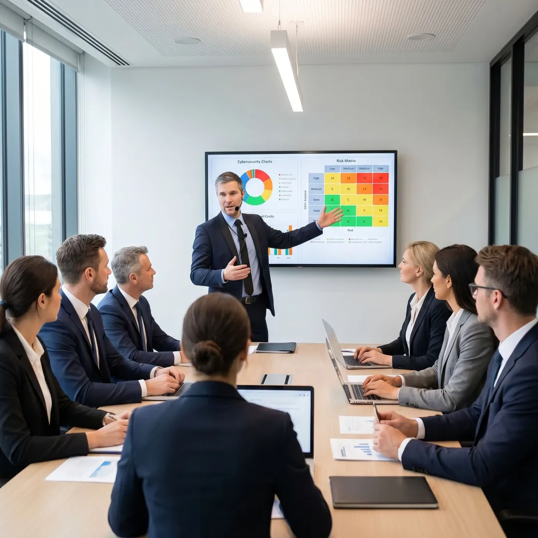Consultant presenting cybersecurity findings to a financial firm
