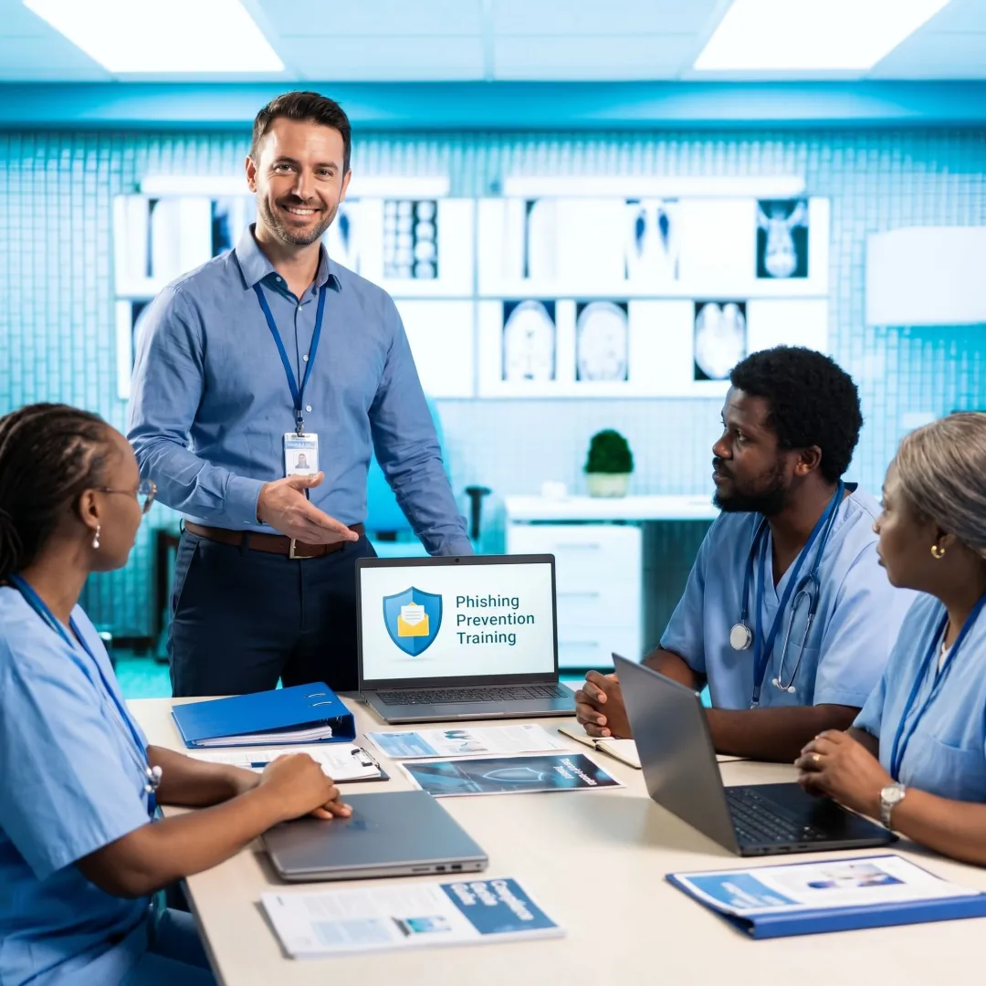 IT advisor guiding healthcare staff through phishing prevention