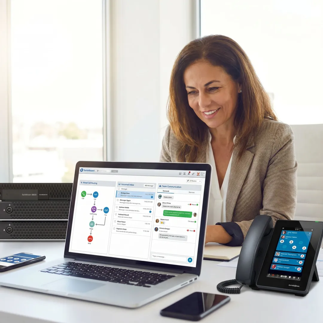 Business owner reviewing virtual phone features