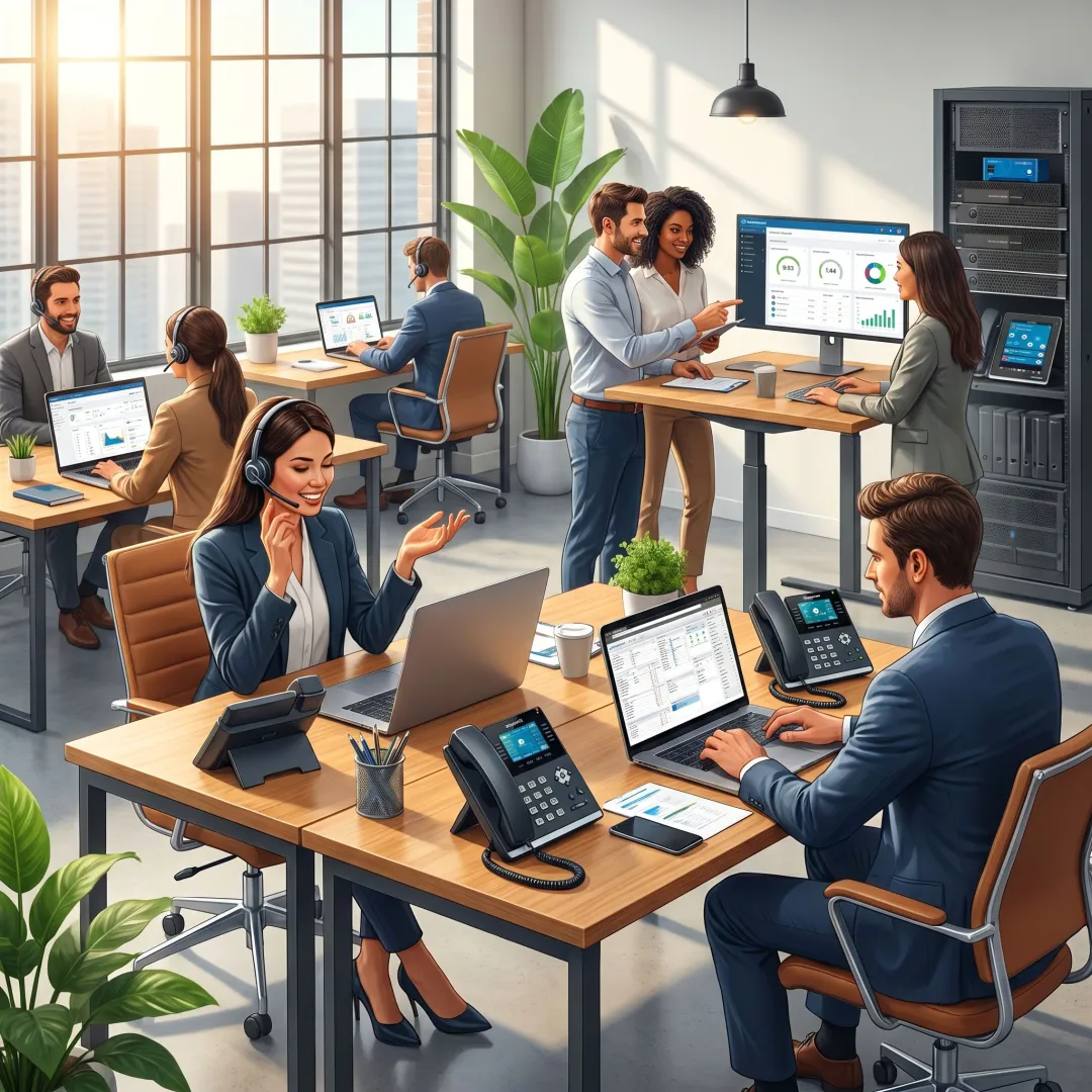 Business team using a VoIP phone system