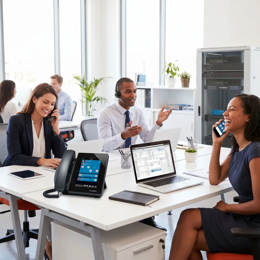 Team using a business VoIP communication system