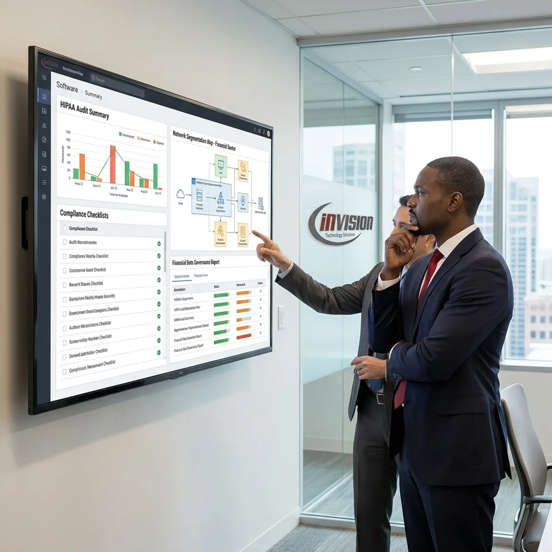 Healthcare and finance IT support team reviewing secure workflows