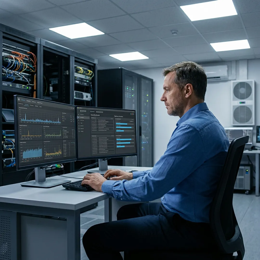 Technician managing hosted business servers